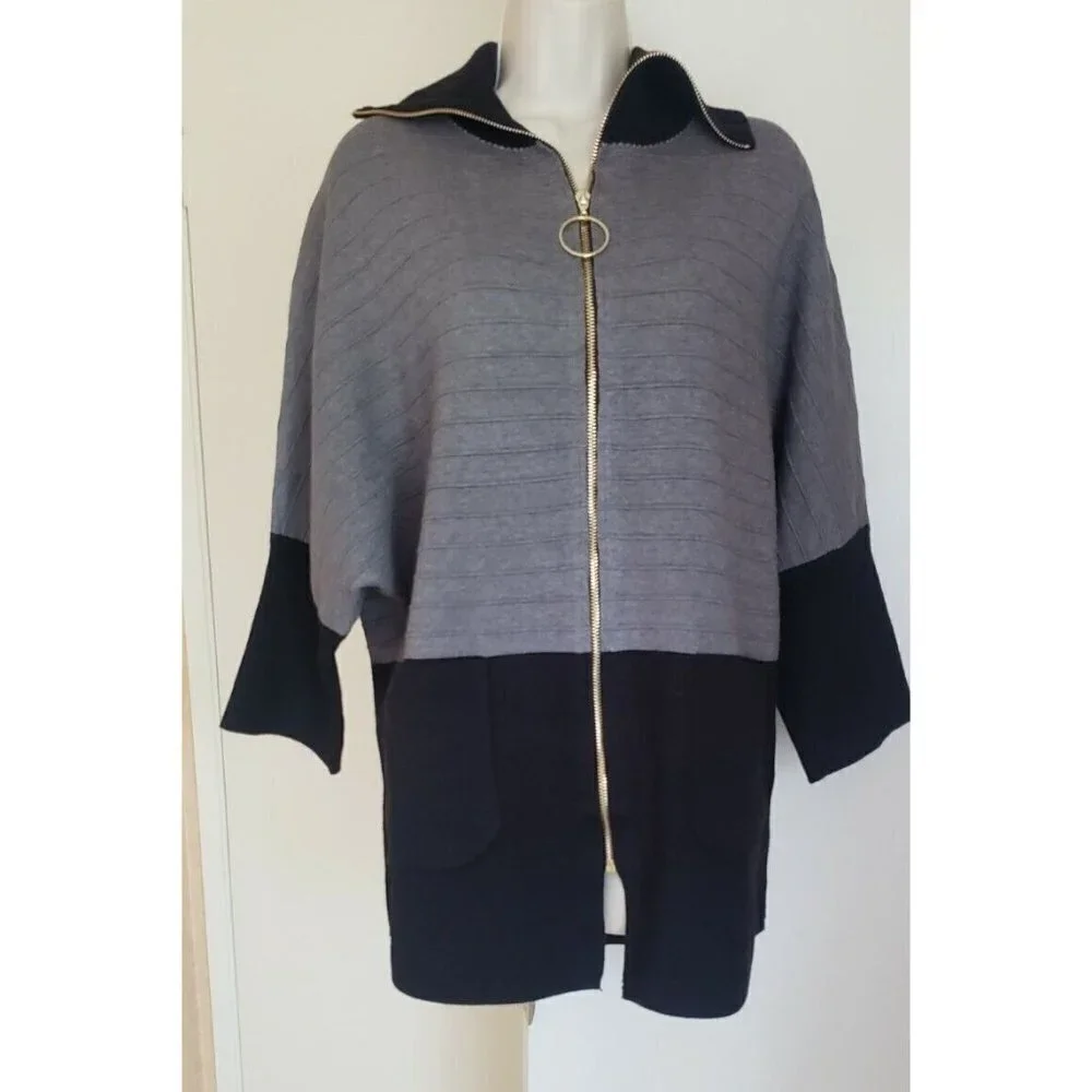 NWT ROMIMONA WOMEN'S BLACK GREY ZIPPER CLOSURE SWEATER TOP CARDIGAN SMALL - Picture 2 of 10
